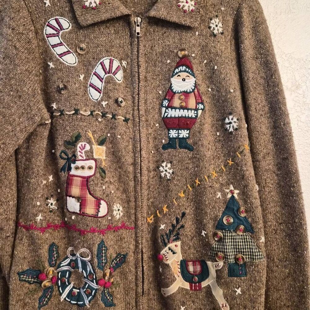 Vintage Victoria Jones Zippered Christmas X-Mas Holiday Cardigan Ugly Sweater - Picture 2 of 5
